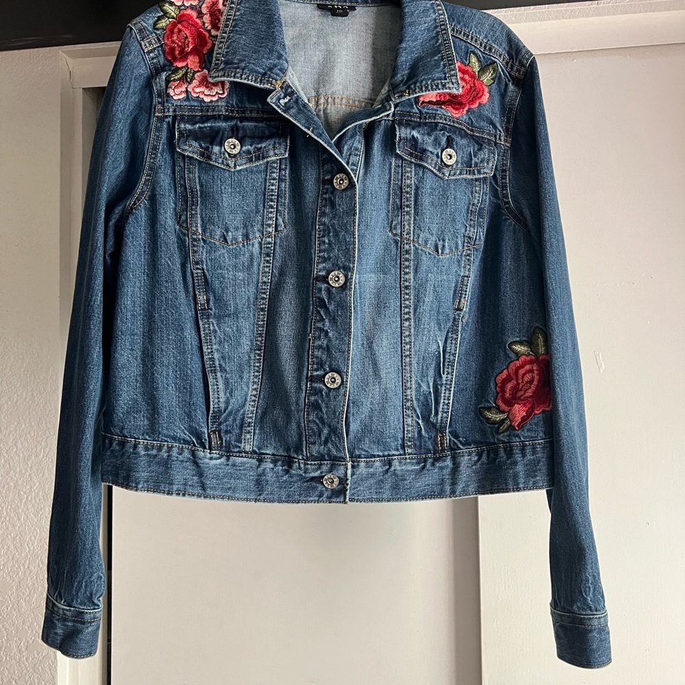 a.n.a Blue Denim Jacket with Red Floral Embroidery